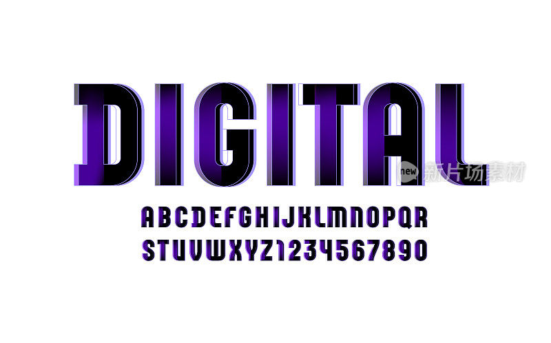 紫色技术字体、数字字母、字母(A、B、C、D、E、F、G、H、I、J、K、L、M、N、O、P、Q、R、S、T、U、V、W、X、Y、Z)和数字(0、1、2、3、4、5、6、7、8、9)，矢量插图10EPS