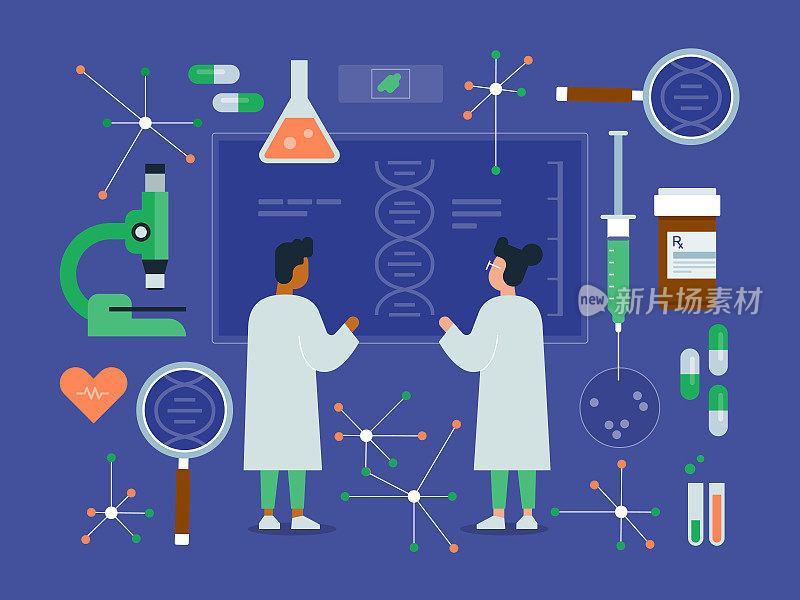 两名医学研究人员在实验室设备之间的插图