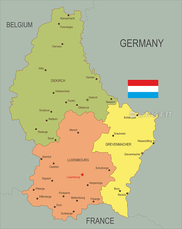 带有旗帜的卢森堡地图