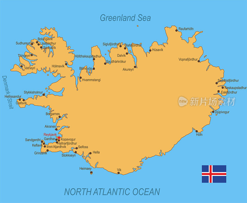 带有旗帜的冰岛平面地图