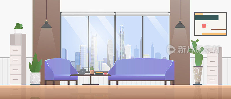 客厅室内平面设计矢量插画，卡通空现代家居公寓客厅与舒适的沙发，图片，绿色植物的背景