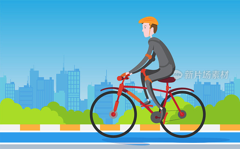 在城市里骑自行车的男人。