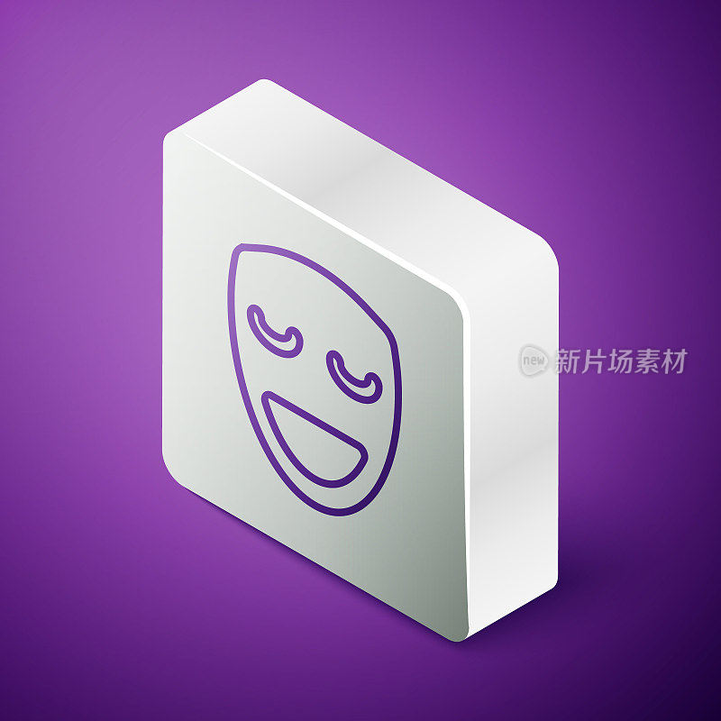 等距线喜剧戏剧面具图标孤立在紫色的背景。银广场按钮。向量