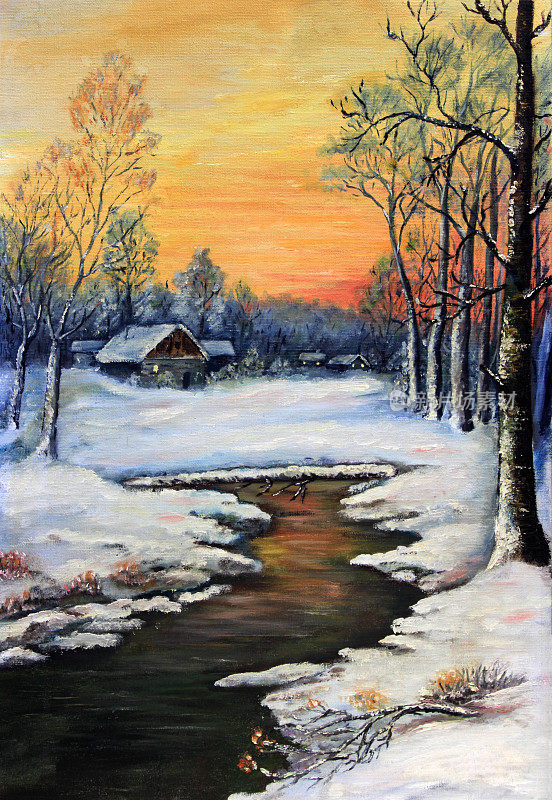 油画的雪景与美丽的日落或日出