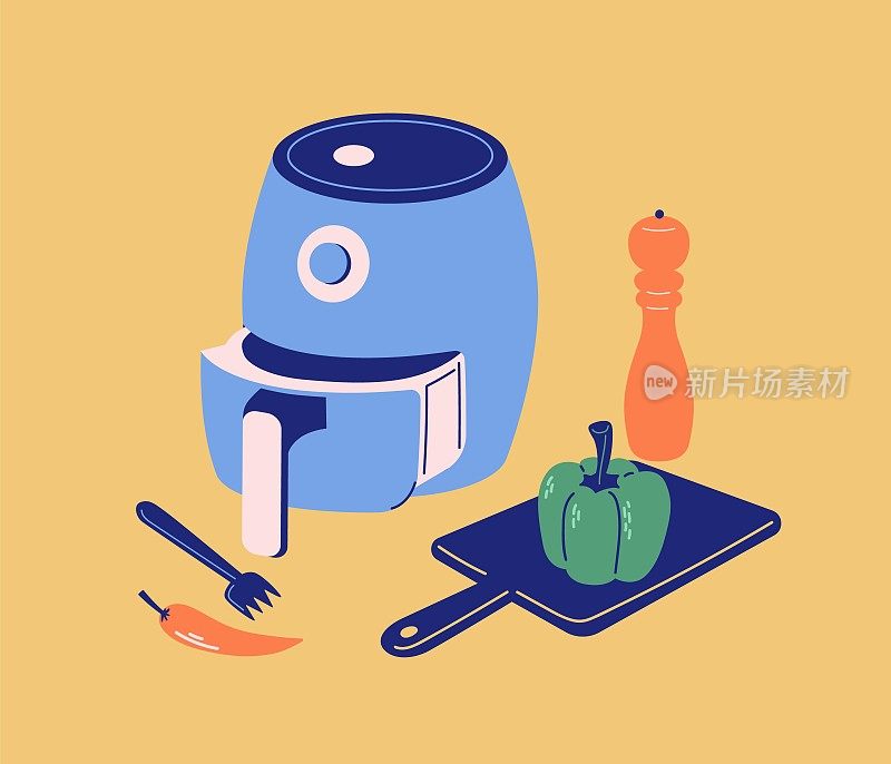 矢量空气炸锅智能厨房工具。现代彩色平面插图与胡椒磨，叉子，砧板。