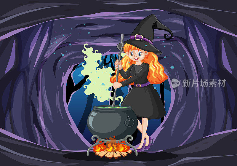 女巫与黑色魔法壶卡通风格在黑暗的洞穴背景