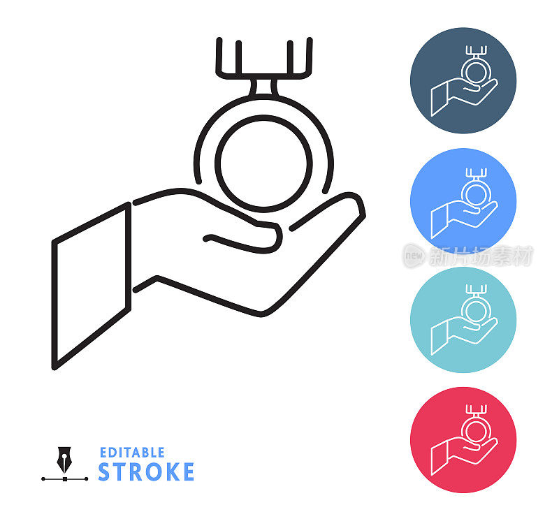 奖项奖杯和获奖手与奖章主题细线图标设置可编辑的笔触