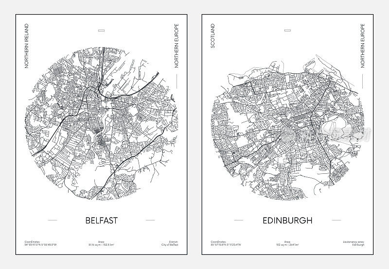 旅游海报，城市街道规划，贝尔法斯特和爱丁堡城市地图，矢量插图