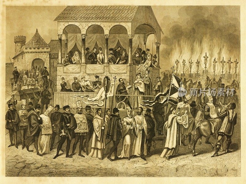 西班牙宗教法庭焚烧异教徒，仿古历史插图