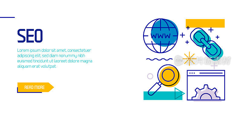 SEO相关的设计元素。带有轮廓图标的图案设计。色彩斑斓的矢量图