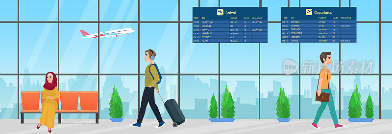 旅客携带行李在机场离境室等候飞机起飞