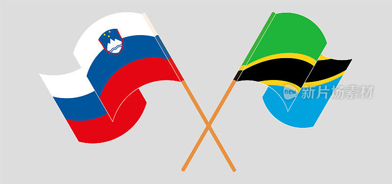 斯洛文尼亚和坦桑尼亚的国旗交叉并飘扬