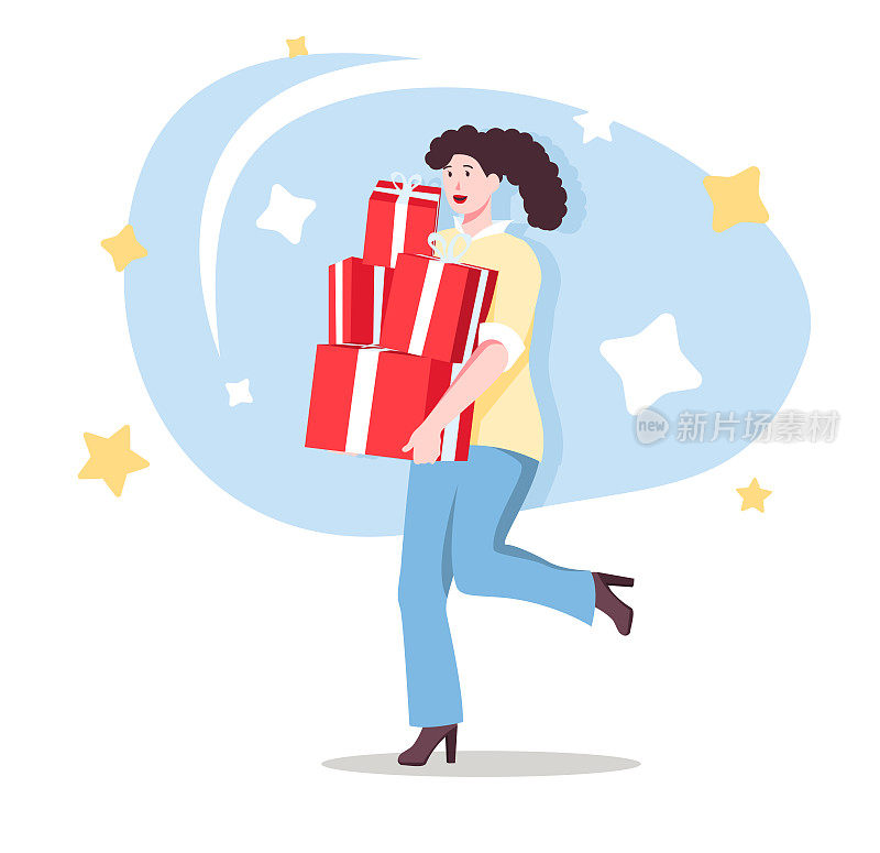 女性给予礼物扁平字符网页设计概念。年轻女孩捧着红色礼品盒，献上庆祝的礼物，现代人的景象。社交媒体宣传材料矢量插图。