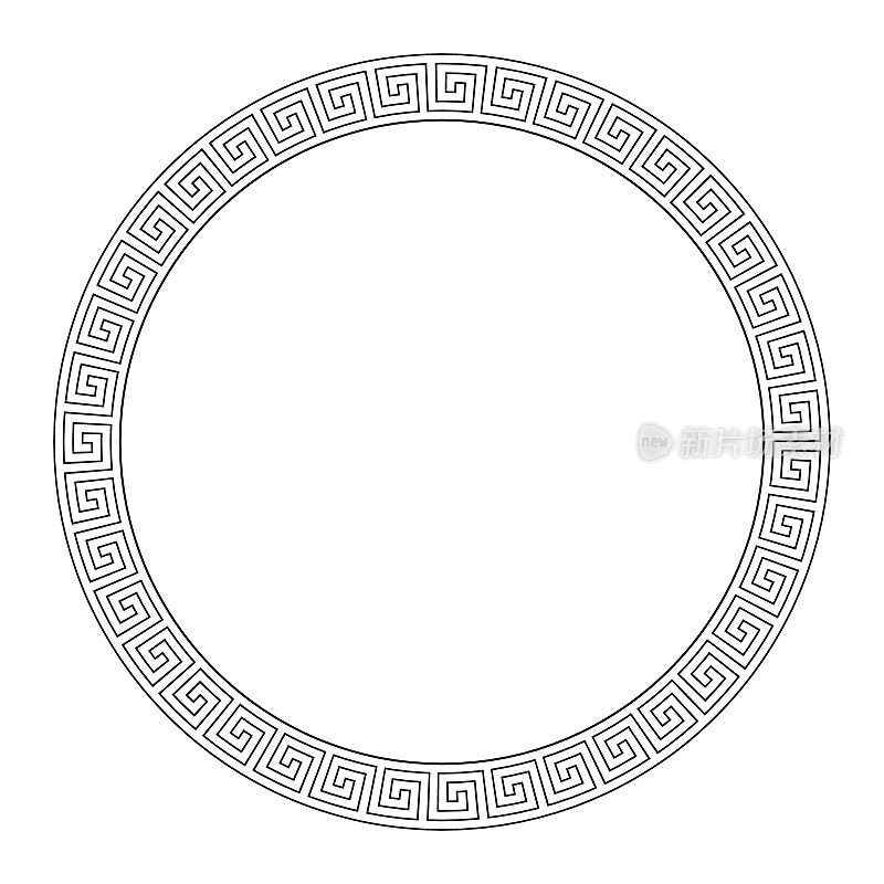 无缝曲流模式圆形框架在黑白颜色，希腊键模式背景