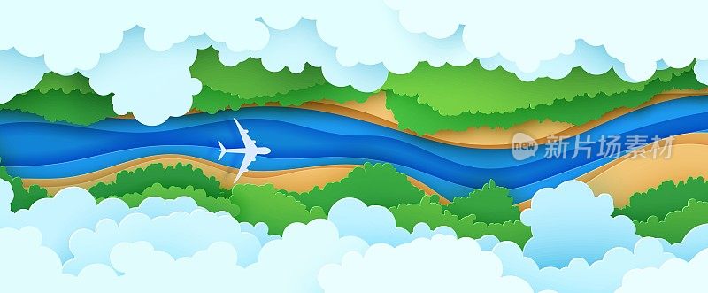 俯视图多云景观的剪纸风格。鸟瞰图3d背景与客机河森林和土地。矢量剪纸插画创意理念环保与自然。