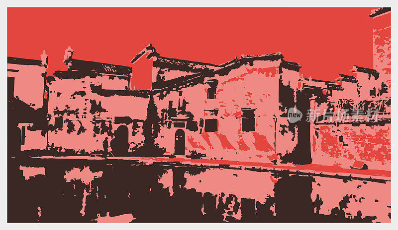 矢量雕刻风格复古艺术经典建筑场景图案背景，安徽省黄山市黟县宏村，中国