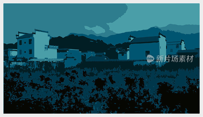 向量蓝版画风格的山水背景，黟县，中国安徽省黄山市