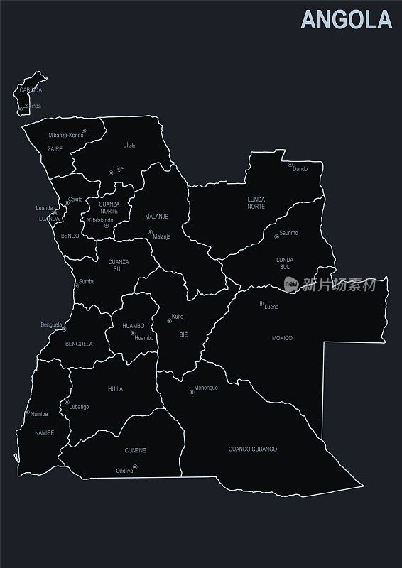 安哥拉的平面地图，以黑色为背景的城市和地区