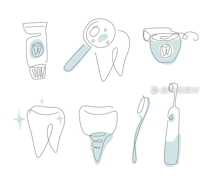牙科护理一行套。牙线艺术集。轮廓植入矢量插图。一行牙刷收集。