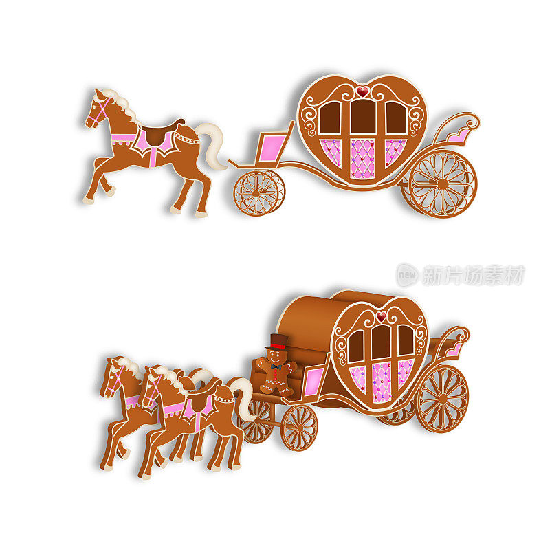 孤立的姜饼心形马车和马。情人节或婚礼上的姜饼马车