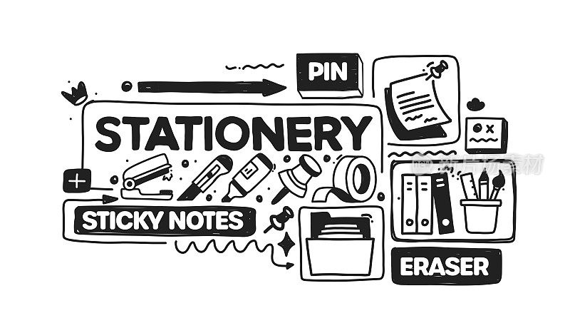 文具对象和元素。矢量涂鸦插图收集。手绘图标集或横幅模板