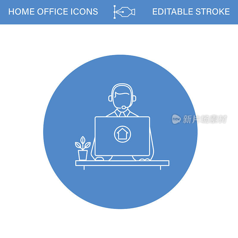 在透明背景的蓝色圆圈上的家庭办公室线路图标