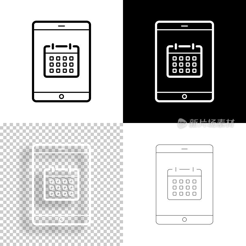 平板电脑日历。图标设计。空白，白色和黑色背景-线图标