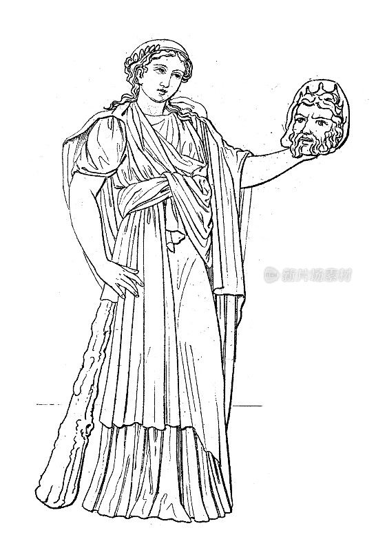 古代雕刻插画，文明:希腊罗马诸神与神话，悲剧缪斯墨尔波墨涅