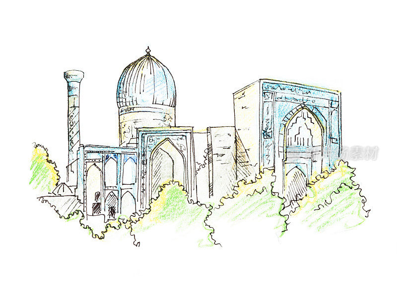 乌兹别克斯坦撒马尔罕市中心的主广场。中东地区。撒马尔罕广场，十五到十七世纪的建筑群，插图，墨水和彩色铅笔