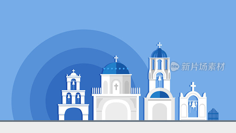 圣托里尼钟塔和希腊伊亚的蓝色圆顶在平面设计上的插图