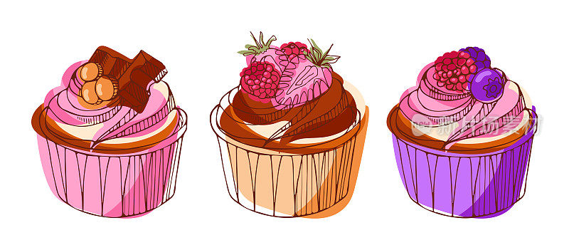 一套蓝莓，草莓和巧克力的纸杯蛋糕。甜蜜的一天。现代矢量食物插图素描风格。烹饪书，贴纸，设计，菜单，明信片，海报
