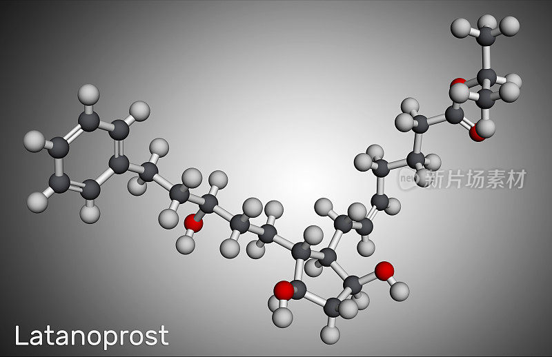 Latanoprost分子。它是治疗眼压增高的异丙酯前药。分子模型。三维渲染