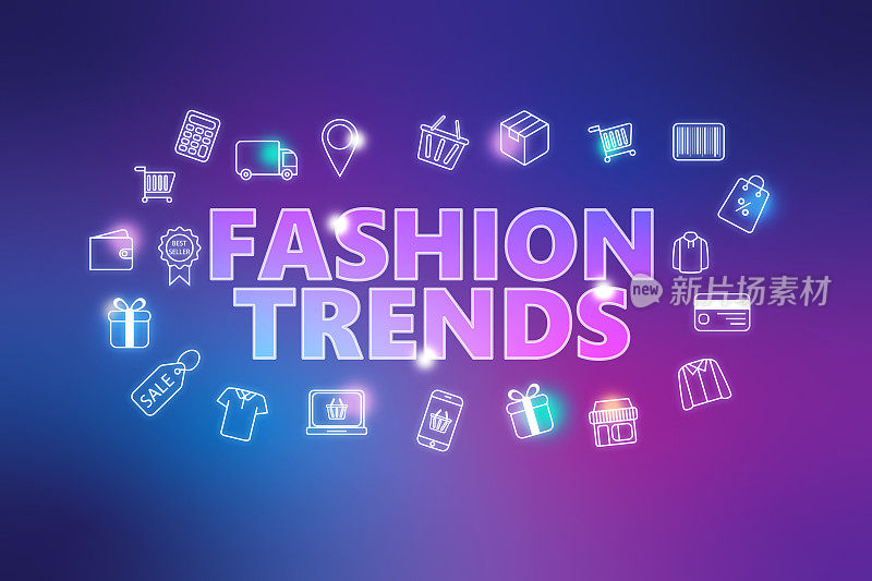 时尚趋势-电子商务网站橙色紫罗兰背景。各种购物图标。