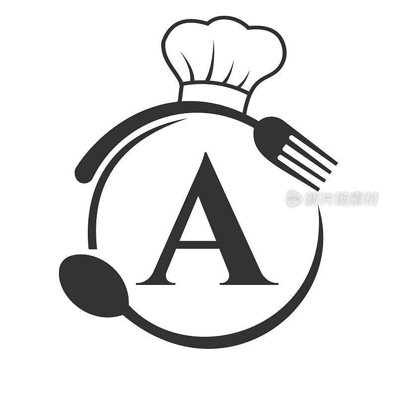 餐厅标志，餐厅标志在字母a厨师帽子，勺子和叉子餐厅符号向量模板