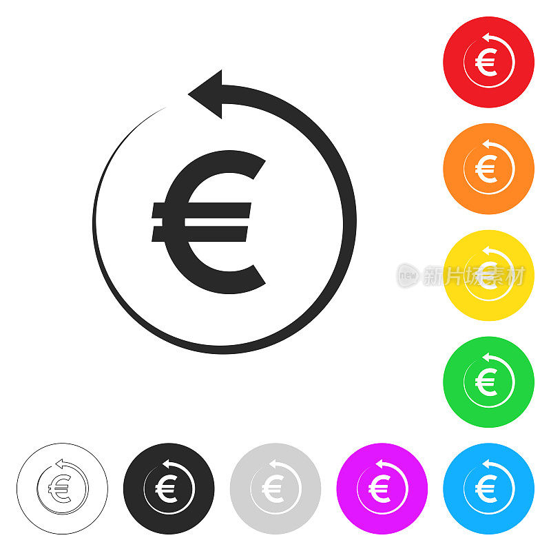 欧元与背箭。彩色按钮上的图标