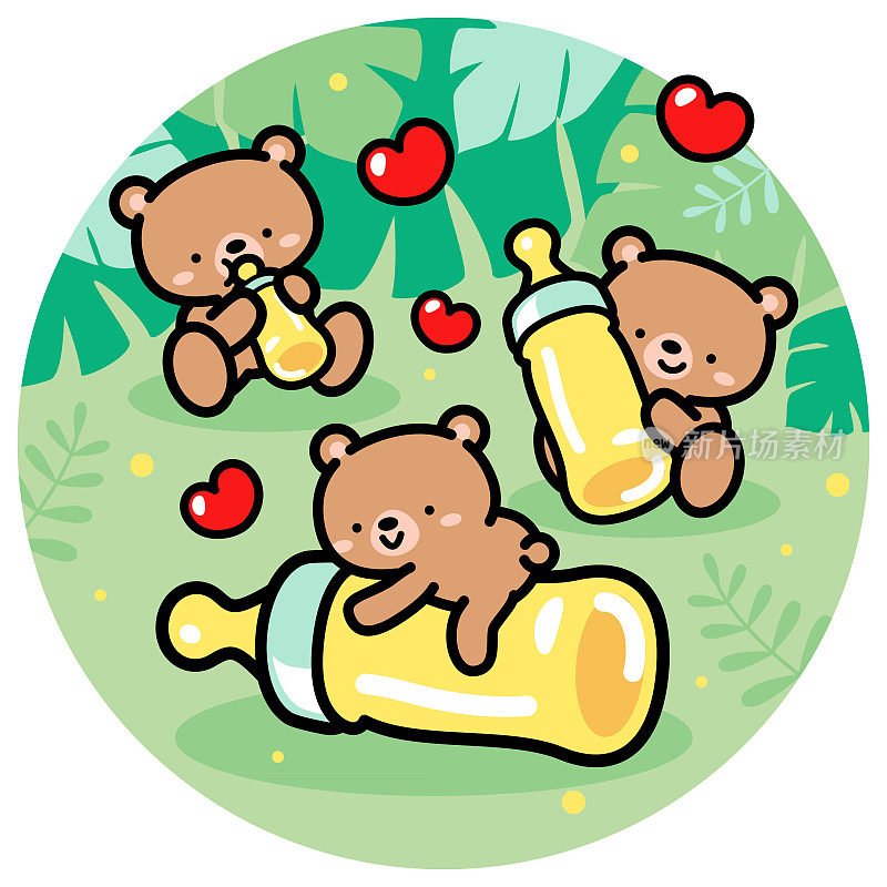 可爱的小熊(熊宝宝)在森林里拿着自己的奶瓶