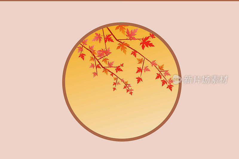 日式圆窗和秋叶