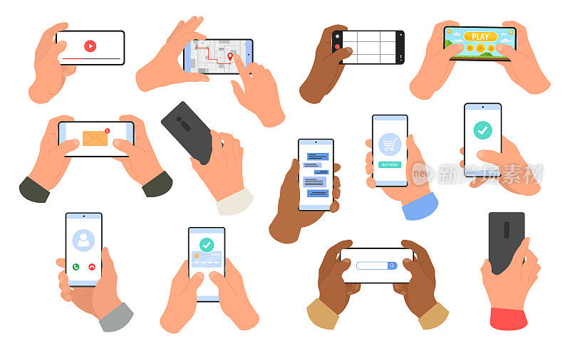 一双手拿着手机。人们使用智能手机，在社交媒体上冲浪，玩手机游戏，聊天，看视频。