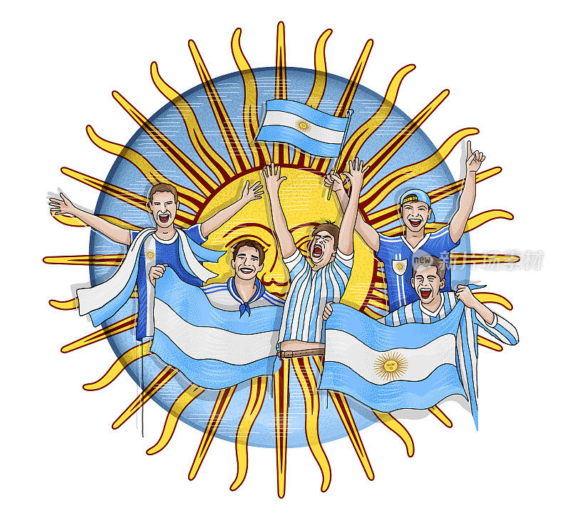 五名阿根廷球迷举着国旗庆祝