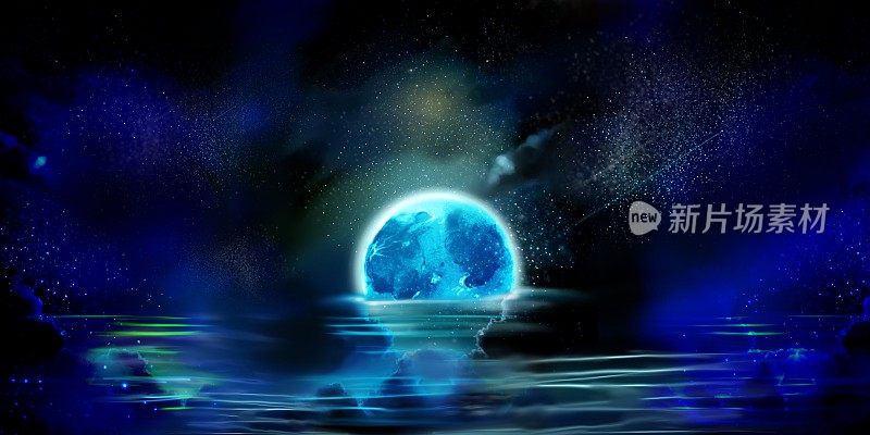 奇妙的景观宽尺寸插图，夜空反射在海面上，大而闪亮的满月半落在水面上
