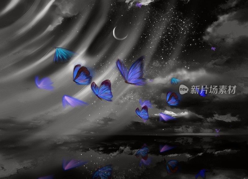 美丽的夜空和蓝色的蝴蝶在水面上跳舞的剪贴画。
