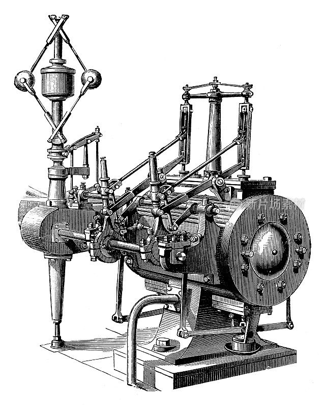 古董插图，应用力学:蒸汽动力机器，蒸汽分配，科尔曼