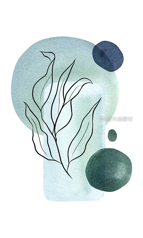 水彩海报画形状蓝色水彩画墨水，抽象插图与树叶。极简的几何元素和手绘树枝。墙艺术。海报。