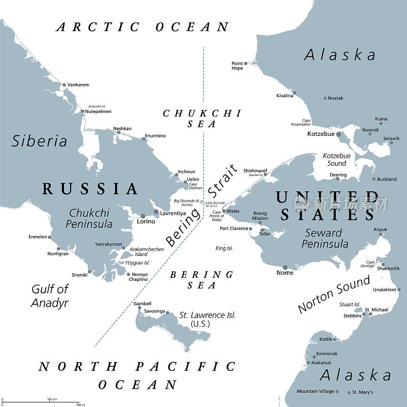 白令海峡，灰色的政治地图，俄美之间的海峡