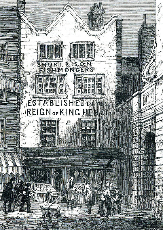 19世纪英国伦敦寺庙酒吧的老鱼店