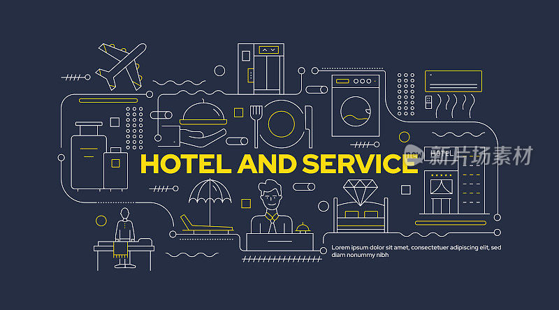 酒店与服务生活理念。设计可以编辑，颜色也可以改变。网页设计、手机、海报、书籍、杂志等。简单时尚的设计，可以用在很多领域。