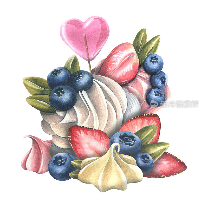 蛋糕，奶油蓝莓和草莓纸杯蛋糕，心形棒棒糖和蛋白糖霜。水彩插图。从一套大的糖果组成。用于装饰和设计。