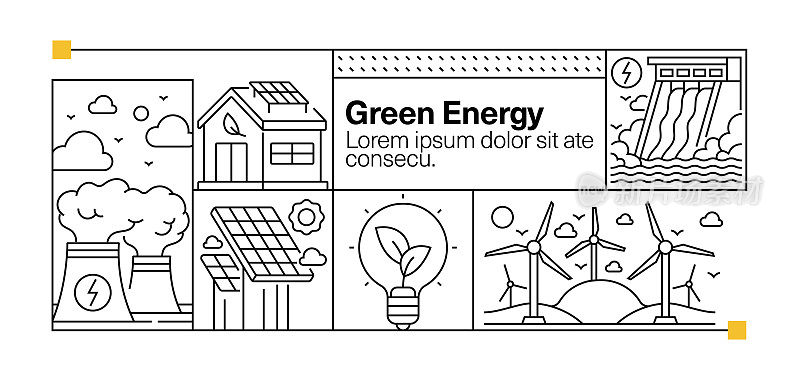 绿色能源线图标集和横幅设计