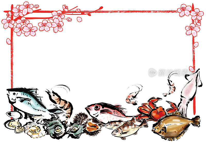 手绘海鲜组插图框架与樱花的春天