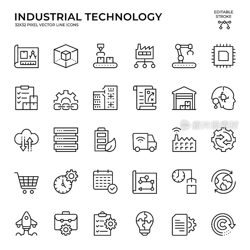 可编辑的笔画矢量图标集工业技术